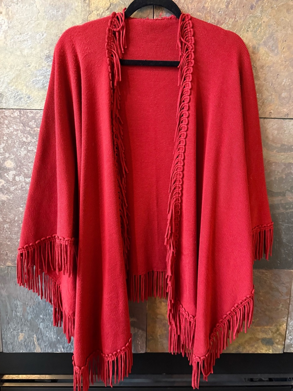 Red Fringe Open-Front Women’s Sweater Poncho